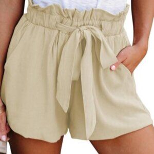 Cinched ruffle waist shorts with adjustable tie.